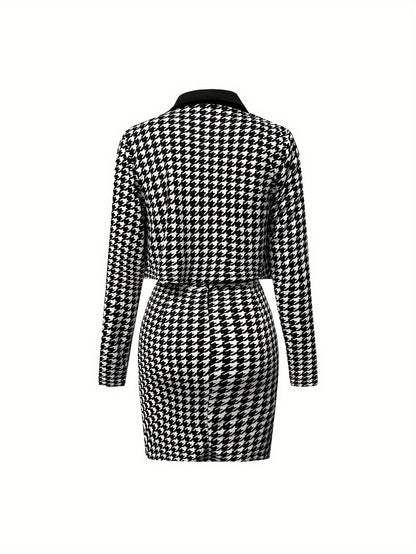 Y2K Houndstooth Two-Piece Outfit for Women - Chic Long Sleeve Open Front Coat & Stylish Slim Button-Detail Cami Dress - Versatile Fashion for Work or Play