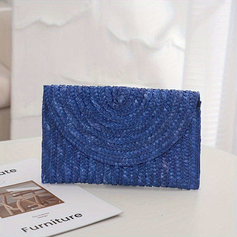 Classic Solid Color Woven Straw Clutch Purse For Women, Envelope Style Flap Coin Purse For Women