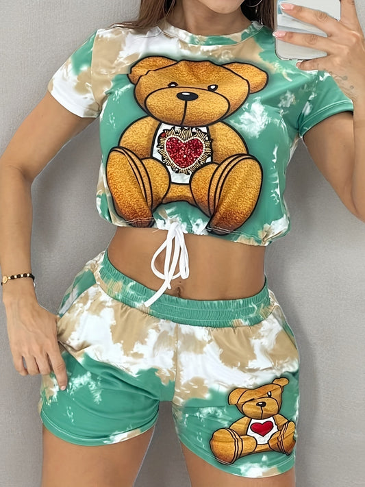 Adorable Womens Cartoon Bear Print Two-Piece Set - Comfortable Short Sleeve Tee with Adjustable Drawstring & Elastic Waist Shorts Outfit for Casual Summer Style