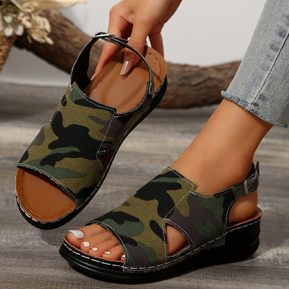 Camo Fabric Open Toe Flats with Buckle Closure, Cushioned Polyurethane Insole and Rubber Sole - Comfortable Breathable Outdoor Sandals from Taizhou