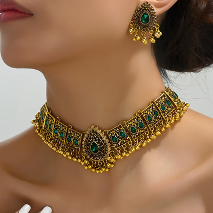 1 Pair Elegant Bollywood-Style Earrings & 1 Necklace Set - Vintage Charm with Inlaid Gemstones for Daily Wear & Parties