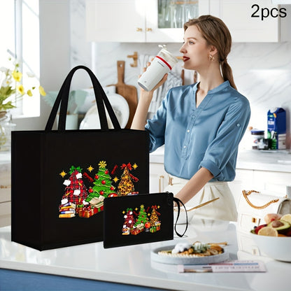 2PCS Light Linen Christmas Special Model No. 887 Printing Handbag Suit: Portable Travel Beach Bag with Cosmetic Bag