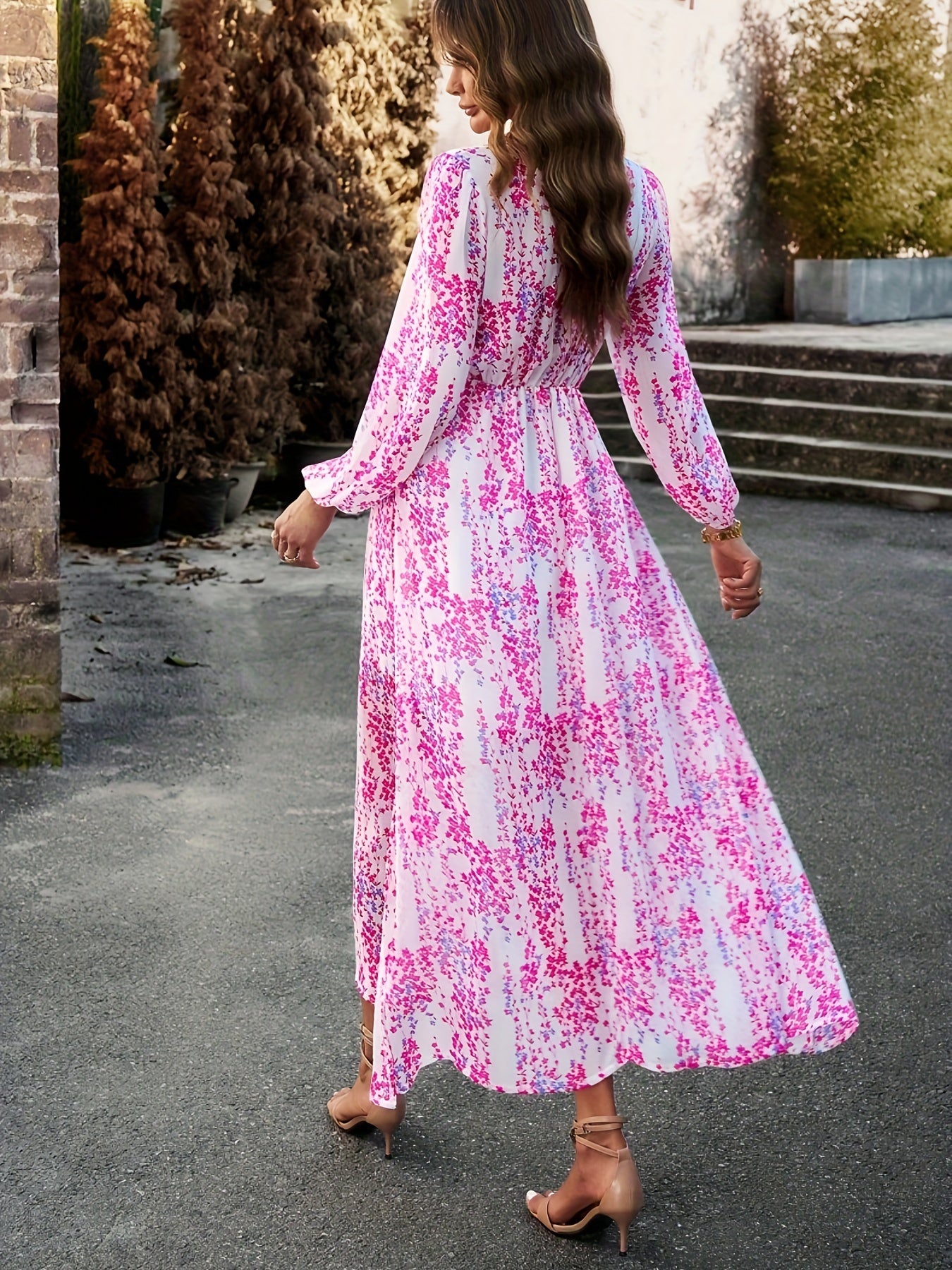 Spring-Fall Floral Midi Dress - Elegant Lantern Sleeves & Feminine Surplice Neckline - Versatile Casual Women’s Wear