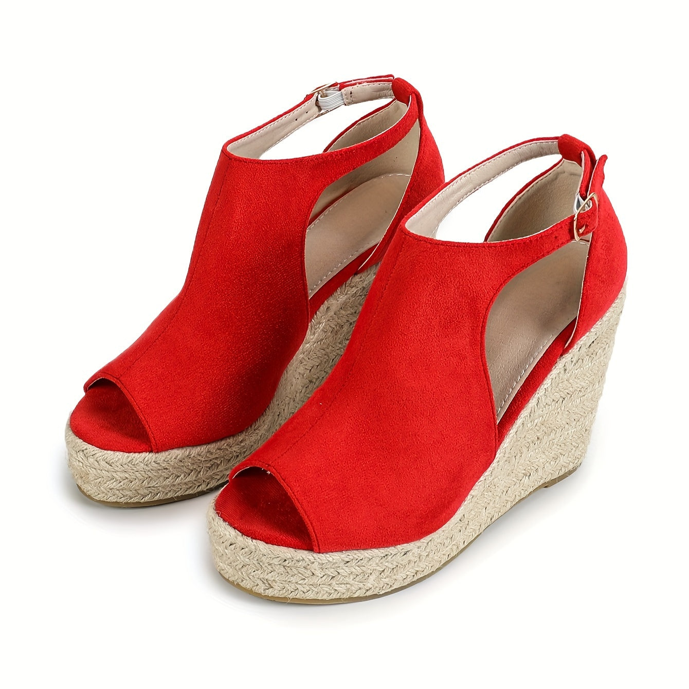 Chic Espadrille Wedge Sandals - Stylish Peep Toe with Cut-out Detail, Adjustable Buckle Strap, Stiletto Heels, and Comfortable Platform - Perfect Trendy Footwear for Your Summer Holiday