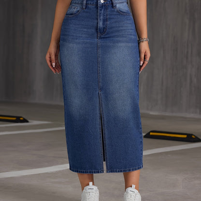 Womens Fashionable Blue Denim Skirt - Timeless Plain Washed Effect, Flattering Slit Hem Design, Midi Length for Versatility, Made from Comfortable Casual Jean Material - Designed for the Modern Woman, Inspired by Street Style Fashion