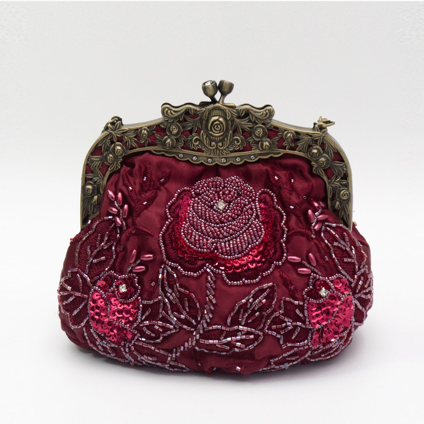 Flower Embossed Beaded Handbag, Kiss Lock Rose Elegant Clutch Bag, Vintage Style Mini Handbag