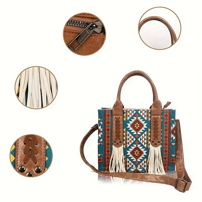 Bohemian Retro Print Tassel Tote Bag, Vintage Canvas Shoulder & Crossbody Handbag with PU Leather Straps for Women