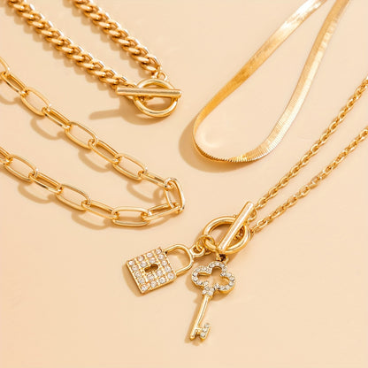 4pcs Vintage Sparkling Snake Chain Necklace Set - Sleek Flat Design with Intricate Rhinestone Key & OT Buckle Pendants - Uniquely Cool Street Style Accessory for Trendsetters