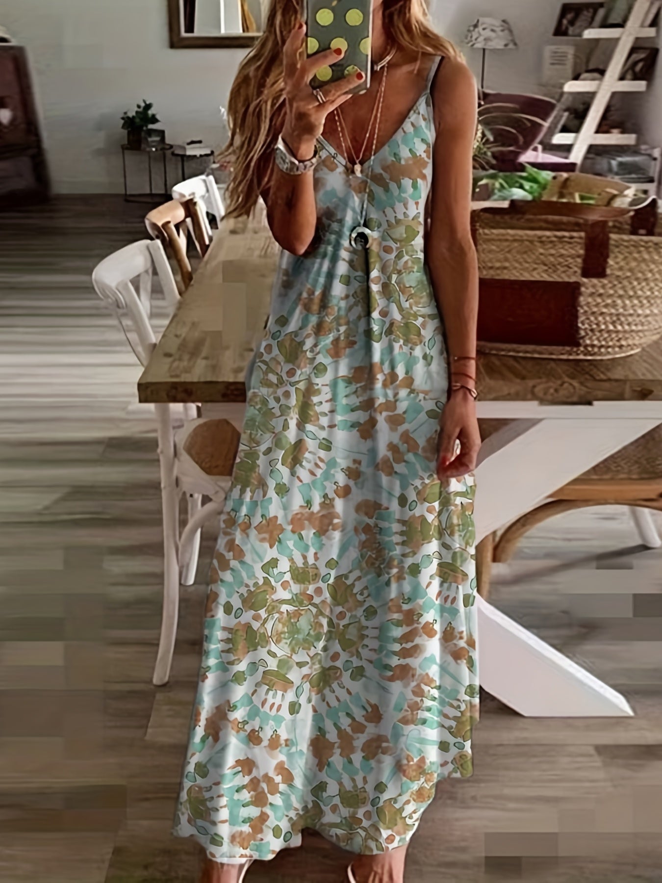 Plus Size Chic Geometric Print Cami Maxi Dress - Flattering Spaghetti Strap V Neckline for Women - Flowy, Casual, and Trendy Long Dress for Summer
