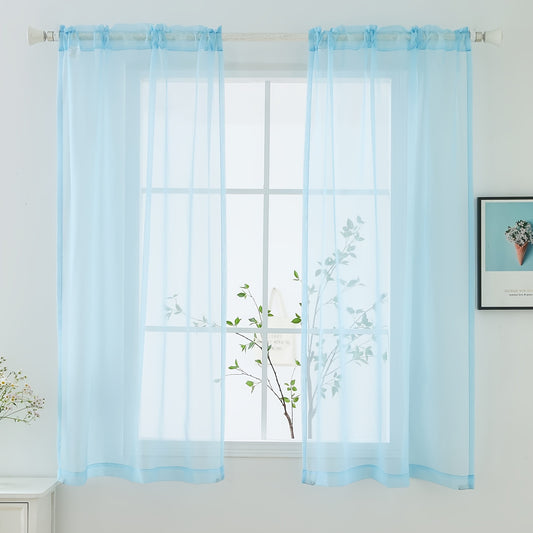 4-piece Pure Color Light Blue Translucent Filter Tulle Curtains, Hanging On The Top, Comfortable And Soft Material, Translucent, Suitable For Bedroom And Living Room