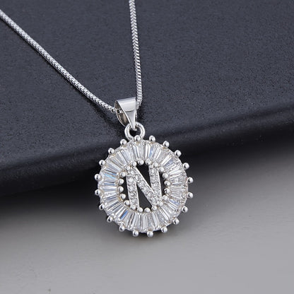 Silver Color Round Small 26 Letters Pendant Necklace Inlaid Zircon Women's Elegant Jewelry Gift