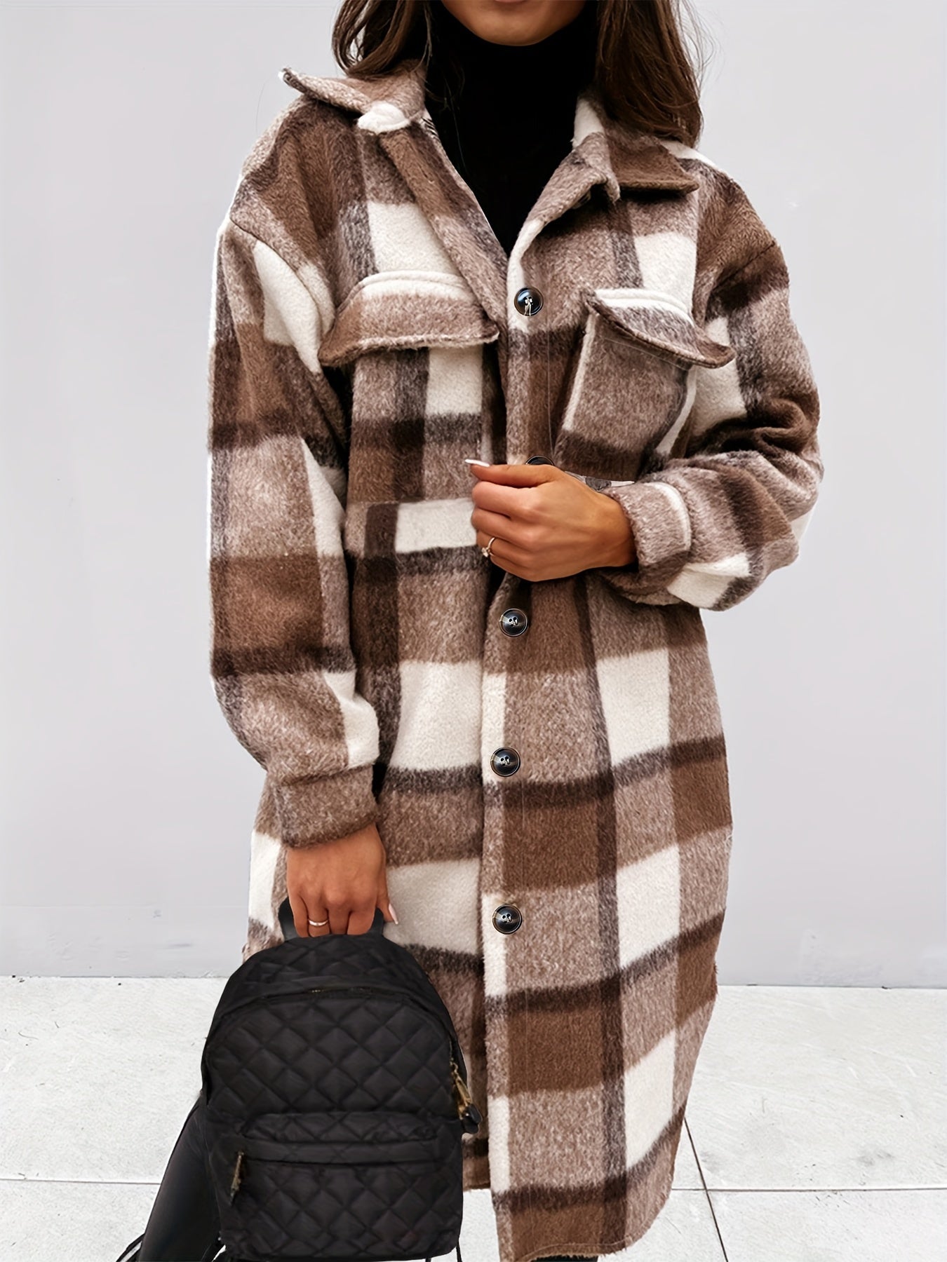 Cozy Plaid Brushed Jacket - Casual Long Sleeve Mid-length Loose Fit Women's Outerwear for Everyday Wear - Soft, Warm, and Stylish