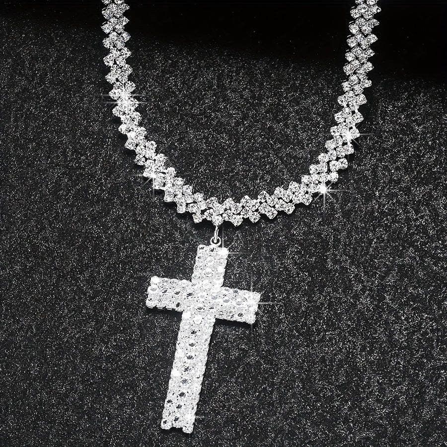 Luxury Multilayer Rhinestone Cross Pendant Necklace Silver Color Neck Jewelry Gift