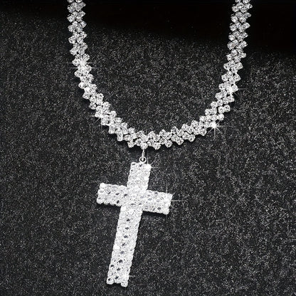 Luxury Multilayer Rhinestone Cross Pendant Necklace Silver Color Neck Jewelry Gift