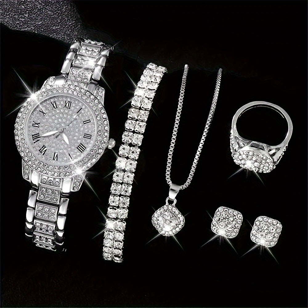 5 Pcs Round Quartz Watches Stainless Steel Strap Alloy Pointer Stainless Steel Dial And Rhinestone Bracelet Necklace Ring Jewelry For Women Gifts For Eid