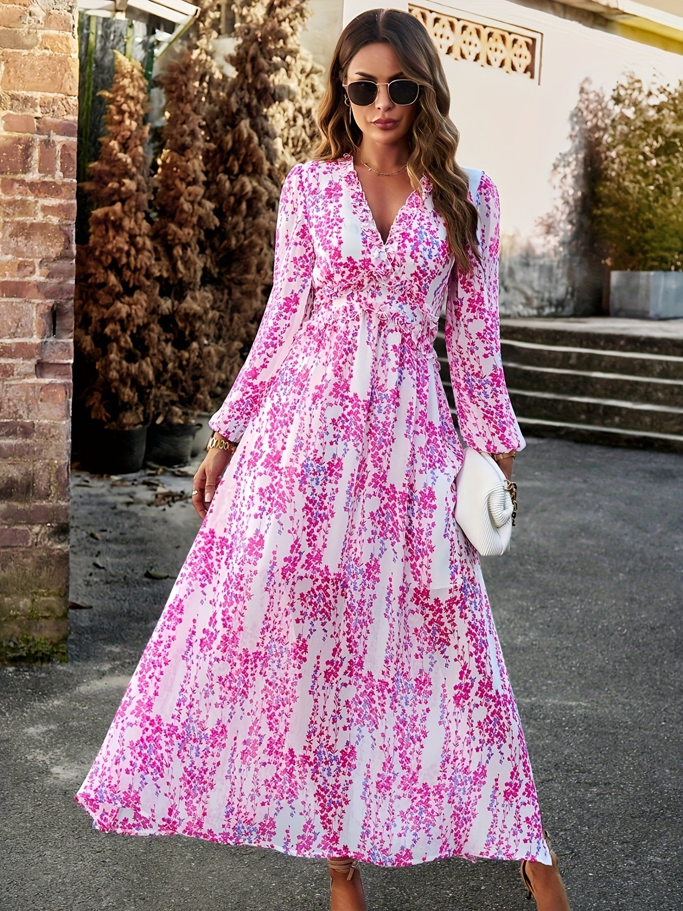 Spring-Fall Floral Midi Dress - Elegant Lantern Sleeves & Feminine Surplice Neckline - Versatile Casual Women’s Wear