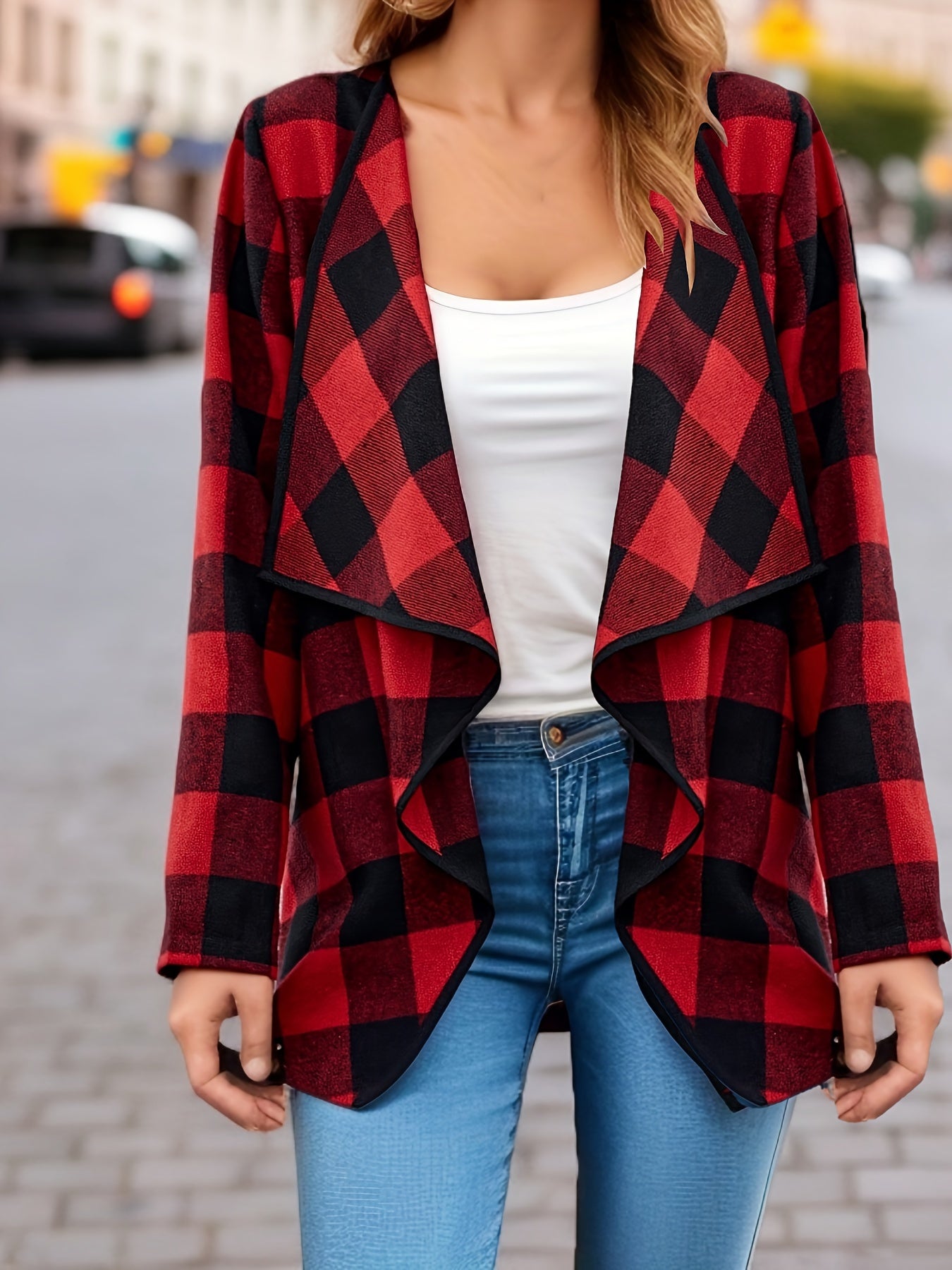 Plaid Print Open Front Coat, Elegant Long Sleeve Outwear For Spring & Fall, Women's Clothing