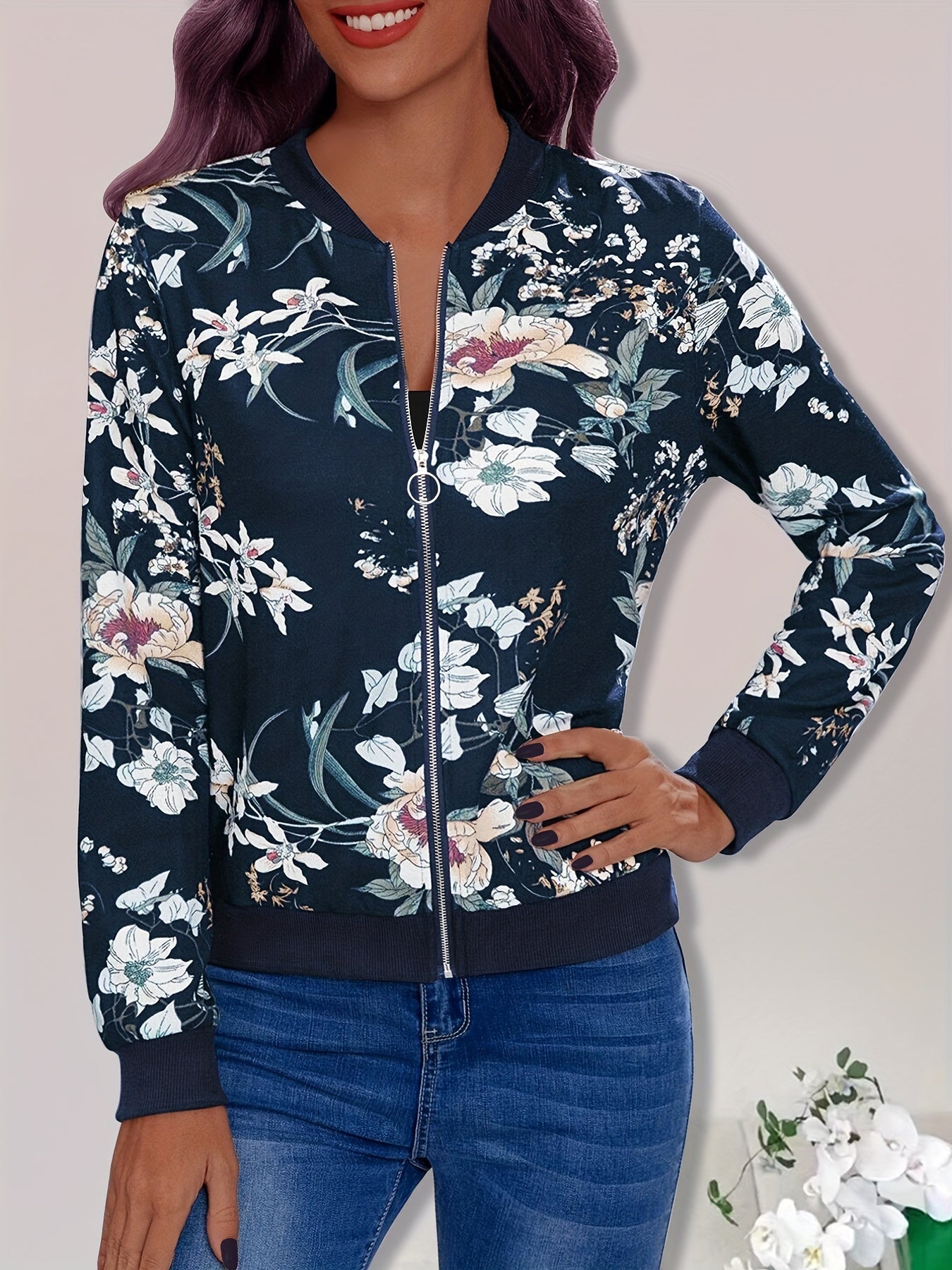 Stylish Women's Floral Print Bomber Jacket - Casual Zip Up Long Sleeve Outerwear for Everyday Wear