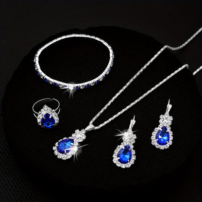 Dazzling Blue Teardrop Jewelry Set for Women - Timeless Elegance in Stainless Steel, 4-Piece Luxurious Style Ensemble, Including Necklace, Bracelet, Ring, and Stud Earrings