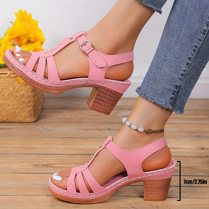 Chic Womens Solid Color Sandals - T-Strap High Heels for Summer - Comfortable Non-Slip Chunky Heels, Perfect for Casual Everyday Style