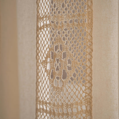 1pc Semi-Blackout Boho Linen Curtain - Cream Crochet Square Lattice - Stylish Farmhouse Beige Tassel - Perfect for Living Room, Bedroom & Kitchen Bay Window - Light Filtering, Rod Pocket Design