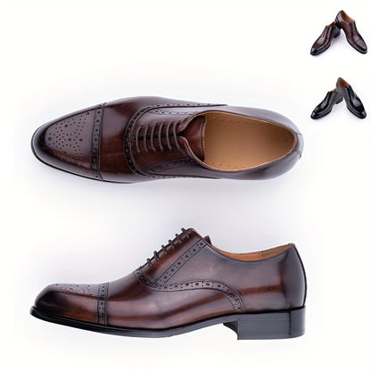 Premium Leather Men's Cap-Toe Oxfords - Brogue Detailing, Durable Lace-up Design - Ideal for Business & Daily Office Wear