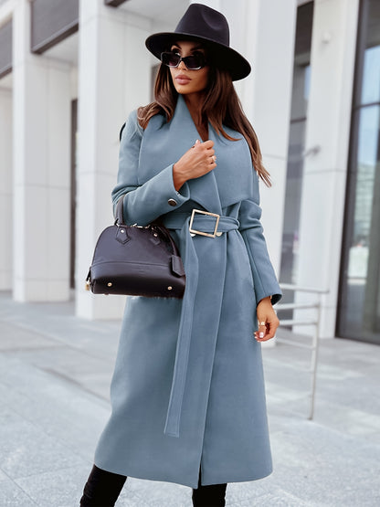 Elegant Long Coat - V-Neck, Casual, Loose Fit, Lapel Belt, Long Sleeve, Fall Winter Outerwear for Women