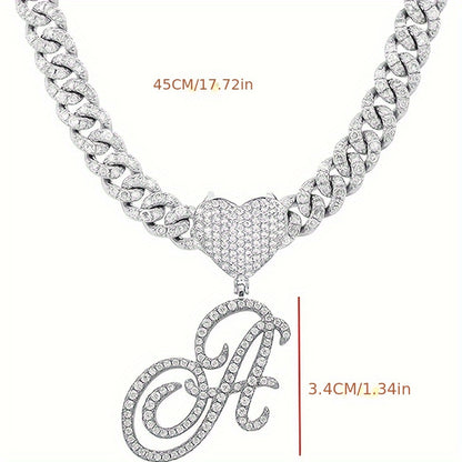 1 Piece Initial Necklace - Durable Cuban Chain with Icy-Cool Ice Chain Design, Heart-Shaped Letter Pendant, and Trendy Hip Hop Style - Unisex Silver Jewelry for Men and Women, Perfect Gift Idea