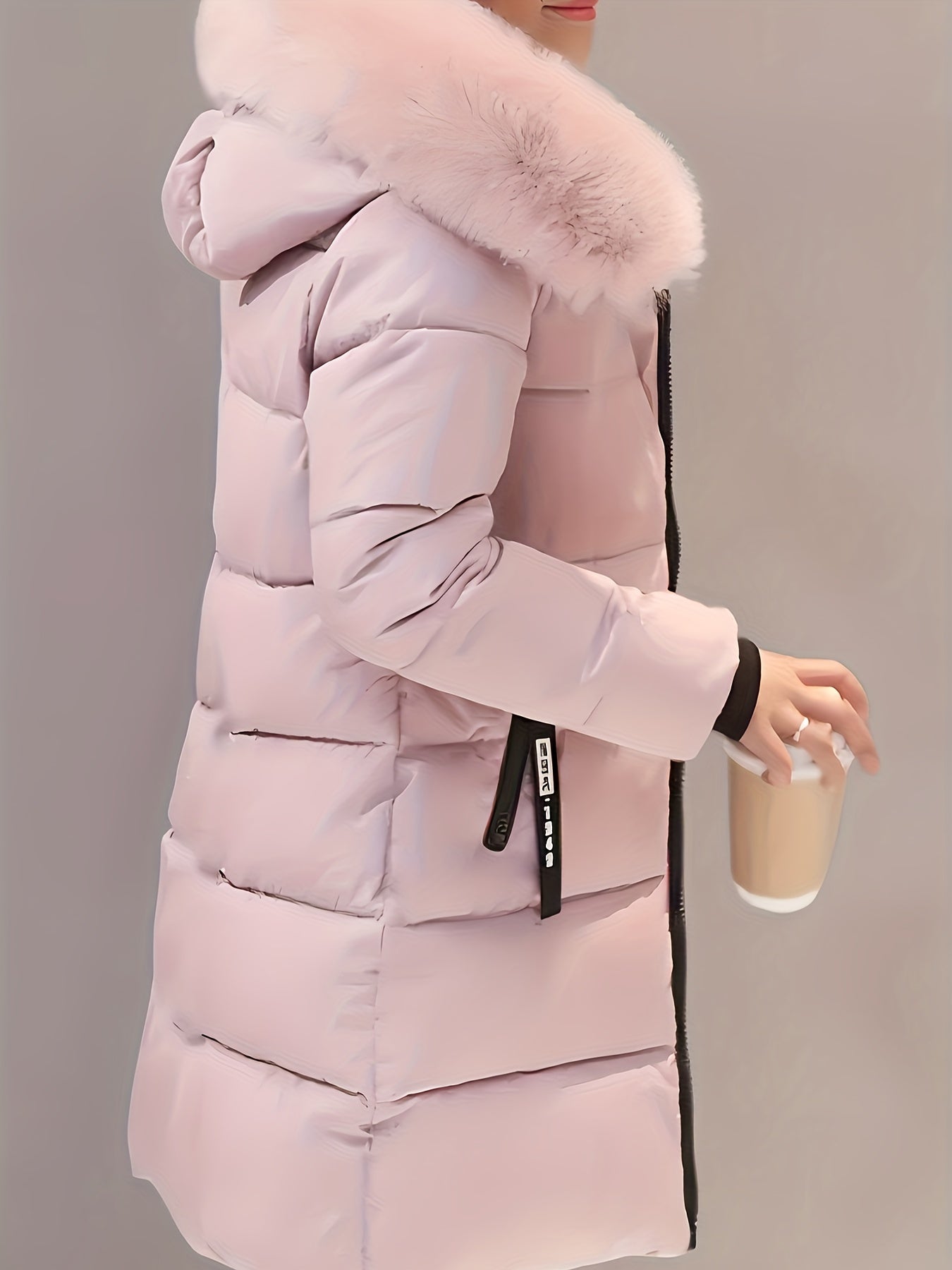 Ultra-Soft Fuzzy Trim Puffy Coat - Cotton-Padded Jacket Coat with Zip-Up, Long Sleeve, Zipper Pockets, Longline Insulated Design, and Casual Style for Winter - Women's Comfortable Clothing