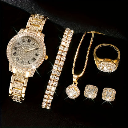 6pcs/set Women's Watch Luxury Rhinestone Quartz Watch Rome Fashion Analog Wrist Watch & Jewelry Set, Gift For Mom Her