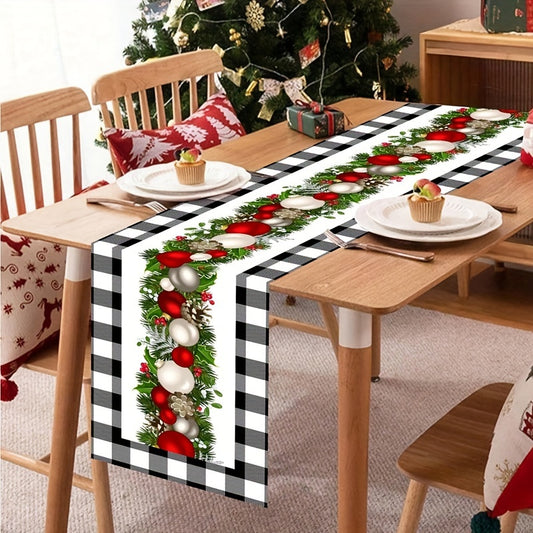 Christmas Table Runner - 1pc Polyester Buffalo Check with Festive Xmas Balls Print, Perfect for Home Decor, Holiday Gatherings, Wedding, Bridal Shower, Birthday, Anniversary - Machine-Washable Table Decor