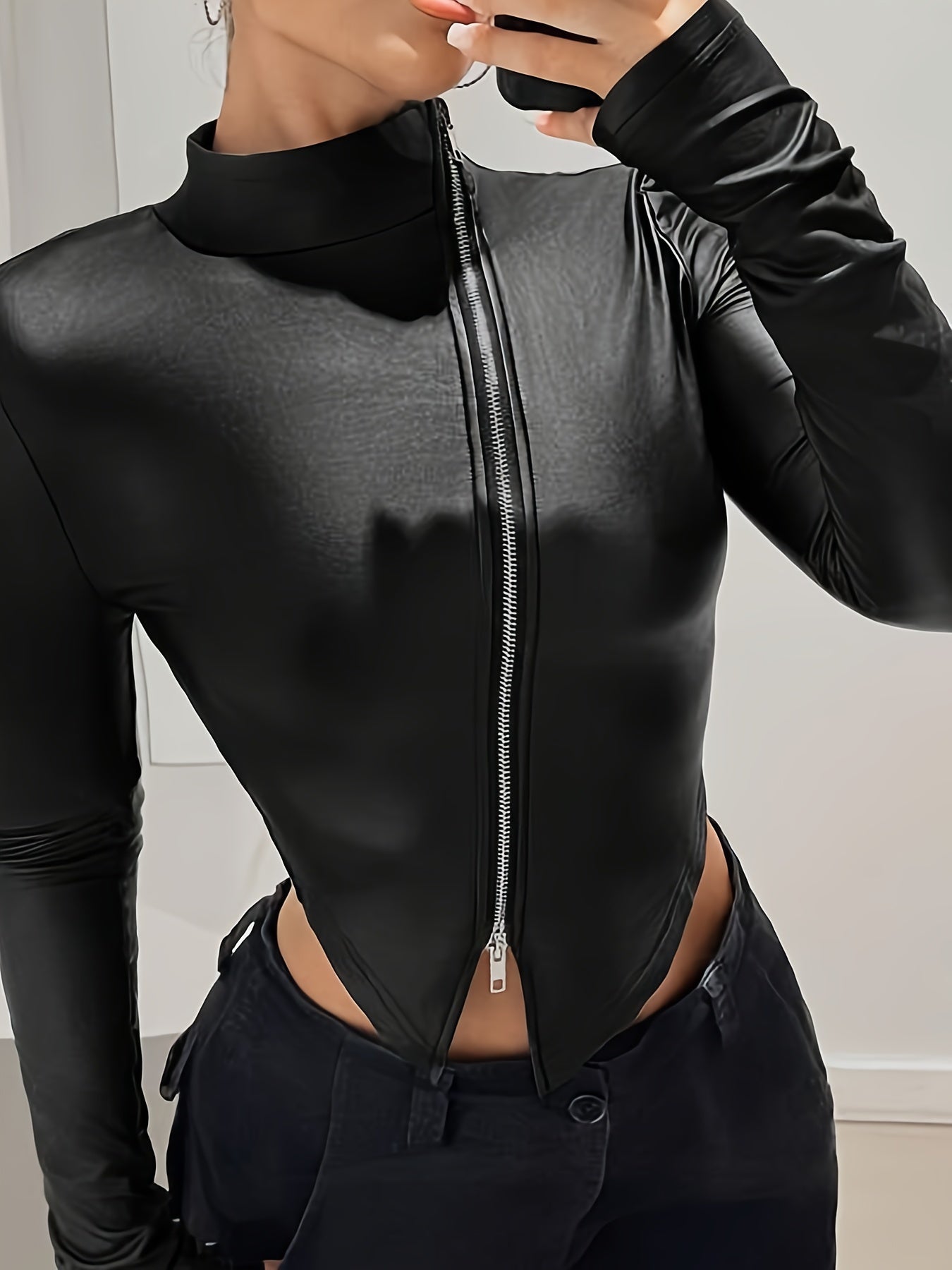 Year-Round Chic: Sexy Mock Neck Slim Bomber Jacket – High-Elastic Faux Leather with Asymmetrical Zip