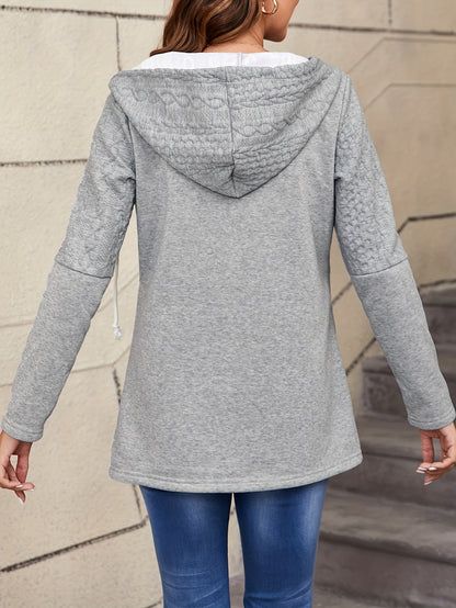 Stylish Textured Drawstring Hooded Jacket - Soft, Casual, Long Sleeve, Solid Color, Zipper Closure, Perfect for Spring & Fall - Women's Comfortable Everyday Wear