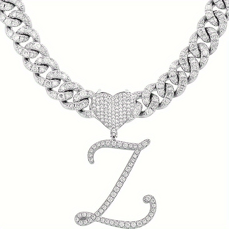 1 Piece Initial Necklace - Durable Cuban Chain with Icy-Cool Ice Chain Design, Heart-Shaped Letter Pendant, and Trendy Hip Hop Style - Unisex Silver Jewelry for Men and Women, Perfect Gift Idea