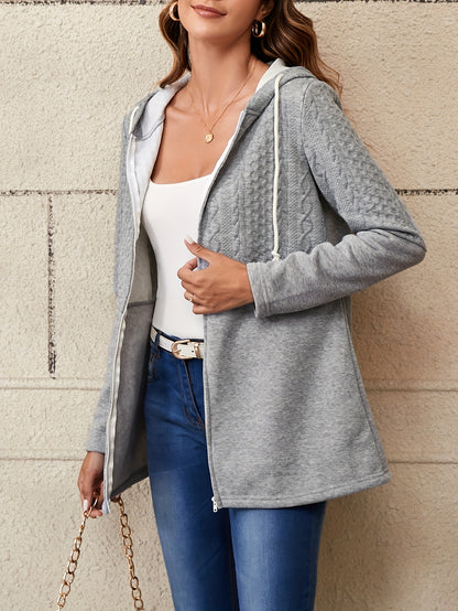 Stylish Textured Drawstring Hooded Jacket - Soft, Casual, Long Sleeve, Solid Color, Zipper Closure, Perfect for Spring & Fall - Women's Comfortable Everyday Wear