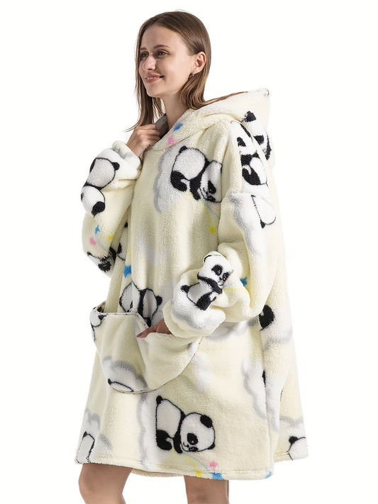 Plus Size Cute Lounge Robe, Women's Plus Panda Pattern Flannel Ultra Soft Oversized Fleece Hooded Fluffy Wearable Blanket With Pockets