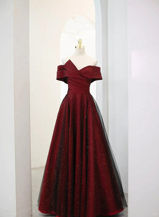 LOVECCRA-line Off Shoulder Wine Red Tulle Long Party Dress, Wine Red and Black Prom Dress