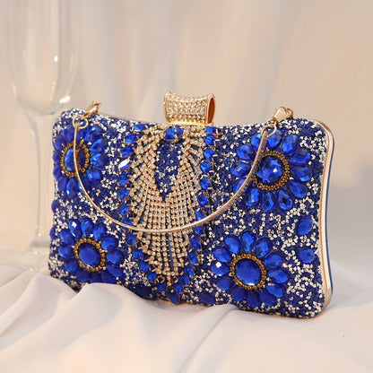 Vintage Ladies Evening Clutch With Rhinestones, PU Cocktail Handbag For Party Prom, Optional Chain Shoulder Strap