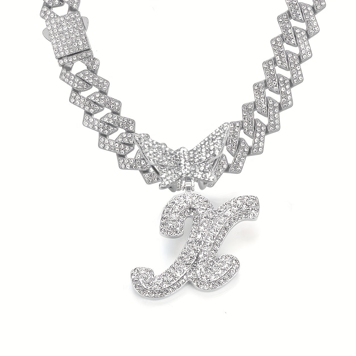 1pc 14MM Cursive Initial Butterfly Pendant - Iced Out Rhinestone Chain Link Necklace with Prong Setting, Punk Style, Zinc Alloy Material, Perfect Gift for Men, Fathers Day, Hip Hop Jewelry Lovers