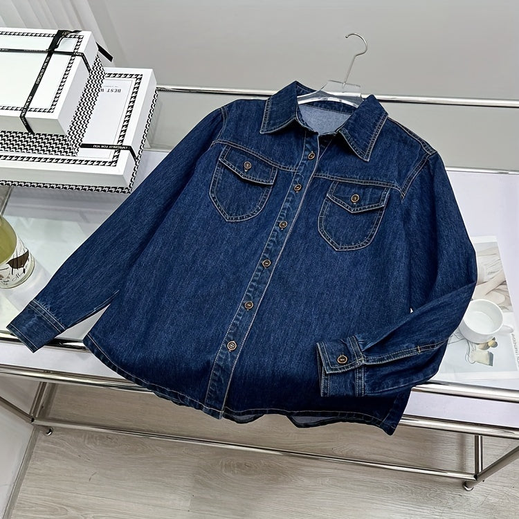 Dark Washed Blue Denim Shirt - Classic Single-Breasted Design, Timeless Plain Style, Elegant Lapel Collar, Comfortable Long Sleeve, Perfect for Casual Occasions - Womens Denim Jeans and Clothing Essential