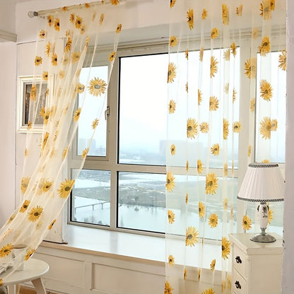 2Pcs Living Room Bedroom Gauze Sunflower Curtain, Translucent Sheer Tulle Valances Panel For Home Door Window Balcony Decoration