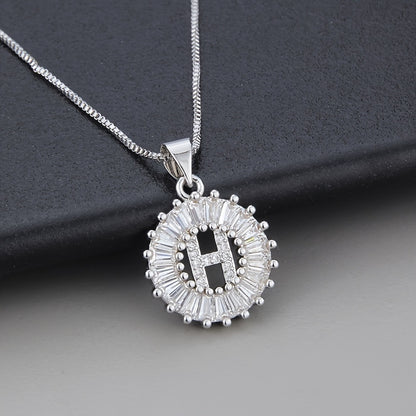 Silver Color Round Small 26 Letters Pendant Necklace Inlaid Zircon Women's Elegant Jewelry Gift