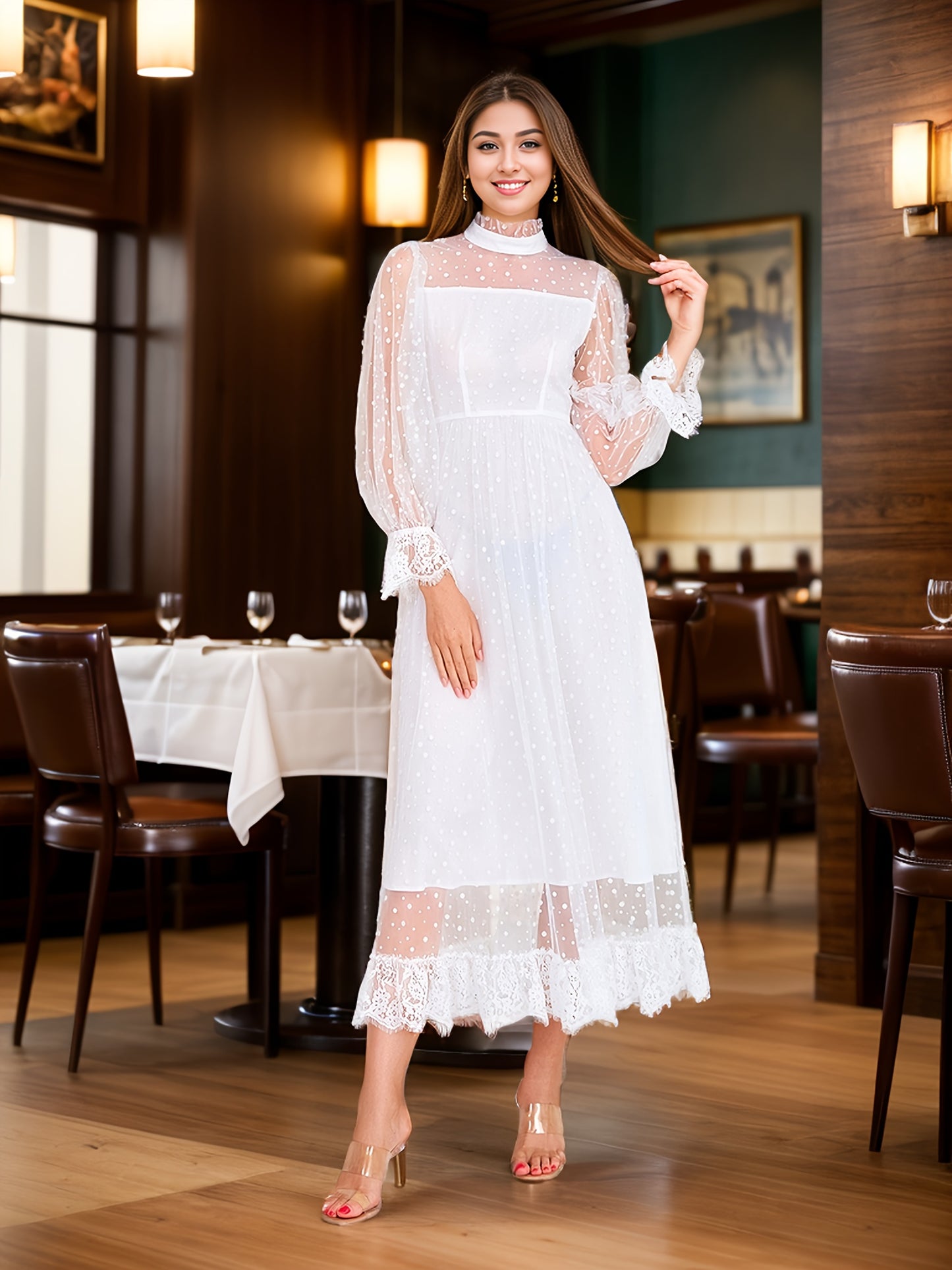 Long Sleeve Floral Contrast Lace Fit and Flare Midi Dress - Elegant Crew Neck, Micro Elasticity, Fully Lined, Regular Fit - Perfect for Wedding Party, Womens Formal Occasion Wear