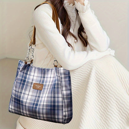 Large Capacity Chic Plaid Tote Bag - Versatile Shoulder Carryall, Perfect for Commuting & School, Stylish & Durable Everyday Accessory