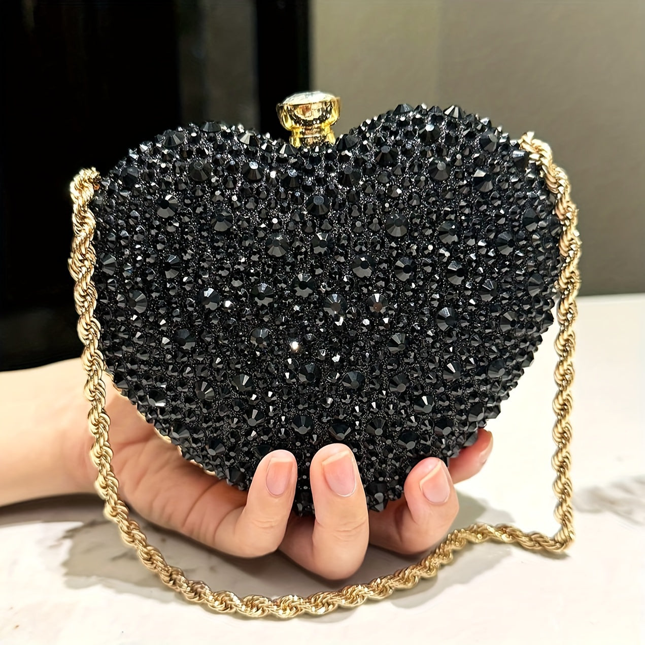 Rhinestone Heart-Shaped Clutch Purse, Fashionable Evening Bag With Chain Strap, Glittering Elegant Handbag For Parties, Prom, Weddings