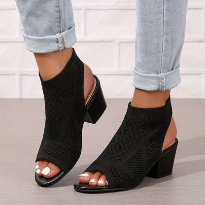 Chic Fabric Sandals for Women - Knitted Slip-On Peep Toe with Slingback and Comfortable Chunky Low Heels - Fashionable Everyday Style