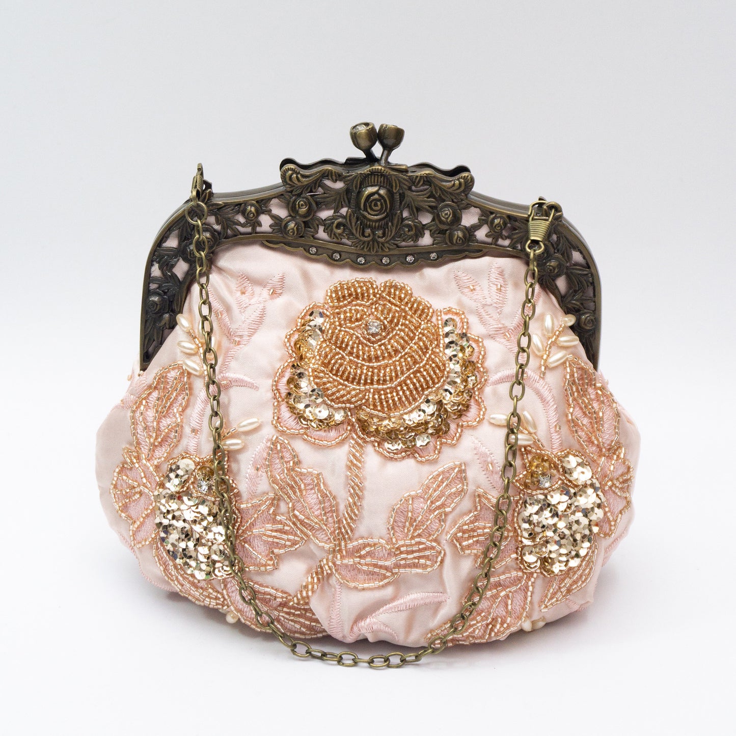 Flower Embossed Beaded Handbag, Kiss Lock Rose Elegant Clutch Bag, Vintage Style Mini Handbag