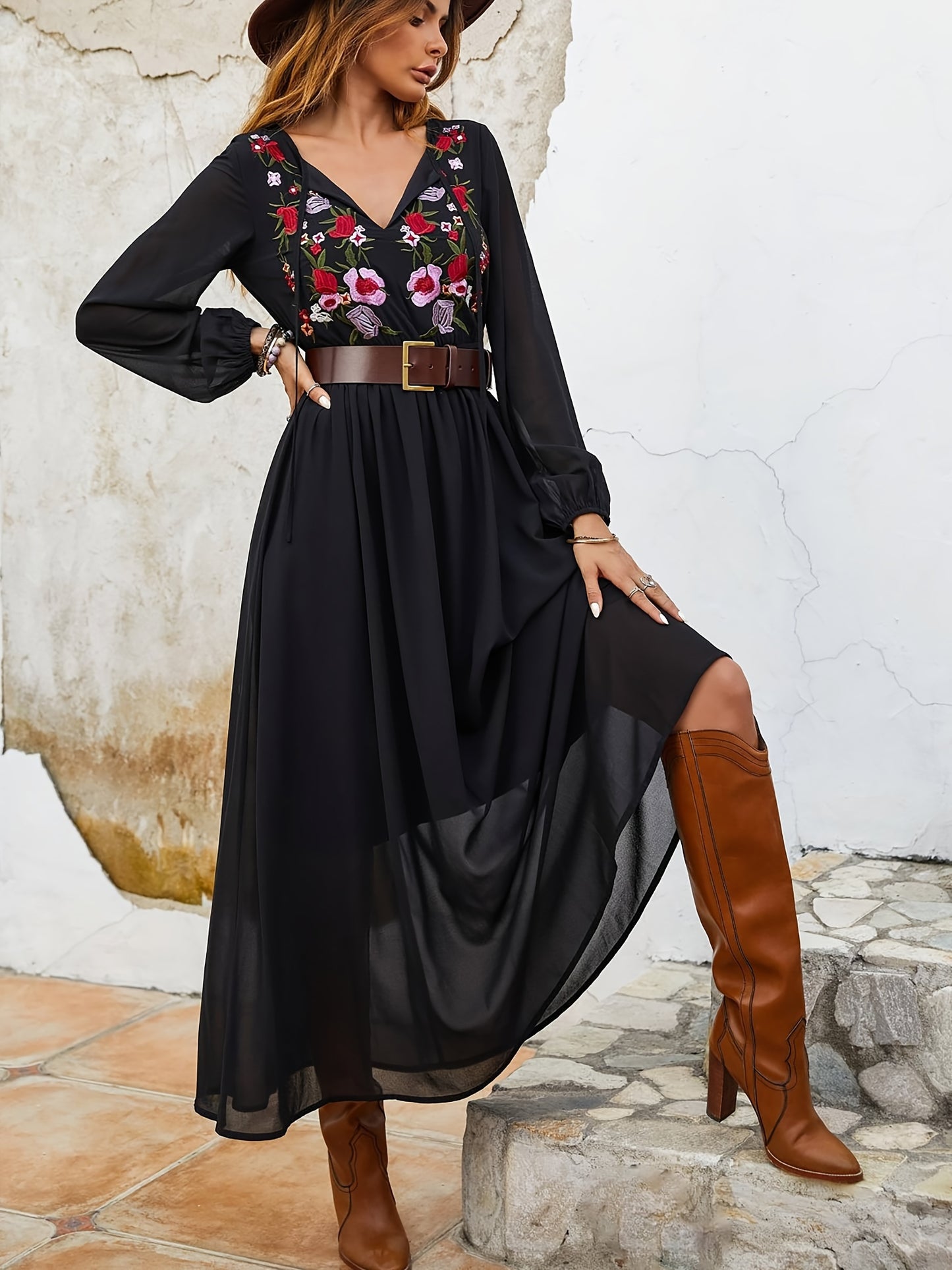 Feminine Floral Embroidered V Neck Dress - Long Sleeve Chiffon Midi for Women - Tied Detail, Flowy & Casual Style