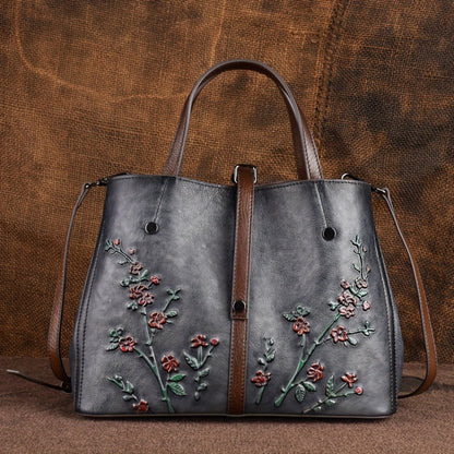 Genuine Leather Floral Embossed Vintage Tote Bag - Adjustable Strap, Soft Shoulder Bag, Elegant Crossbody Satchel Purse with Polyester Lining, Zipper Closure, Lightweight, and Positioning Printing - Urban Retro Style, Perfect for Women