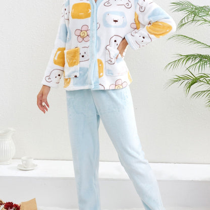 Cartoon Bear Print Pajama Set, Cute Long Sleeve Buttons Top & Elastic Waistband Pants, Women's Sleepwear & Loungewear